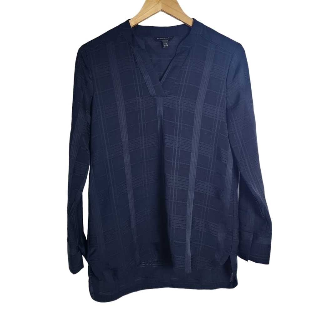 Banana Republic Blue Plaid Pattern V - Neck Long Sleeve Women's Blouse Size XS
